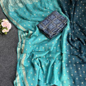 Teal blue pure Chinnon viscose saree with aqua contrast and 2D padding texture