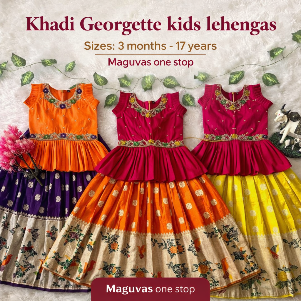 Khadi georgette kids lehenga with bird weaving design