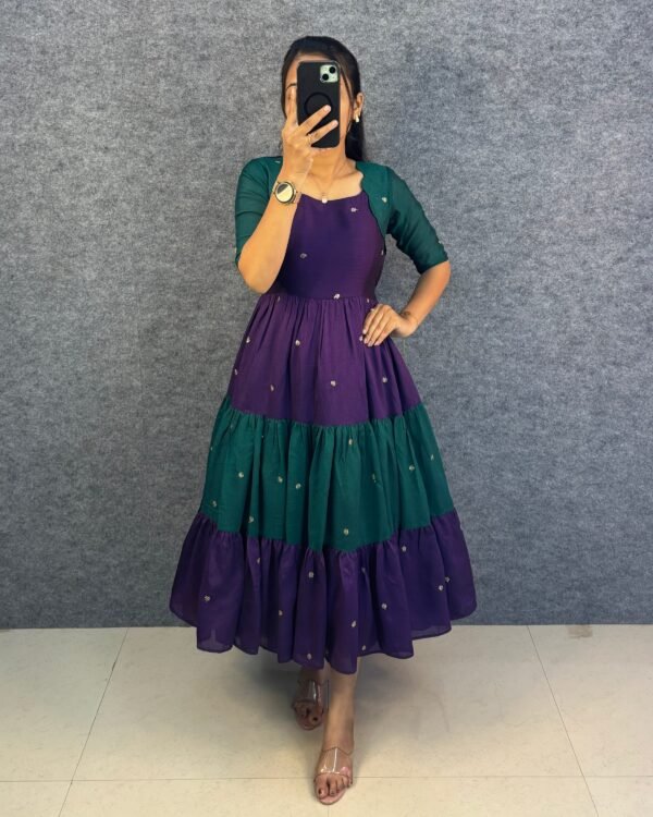 Purple and Teal Vichitra Silk Tiered Dress Vichitra silk tiered dress