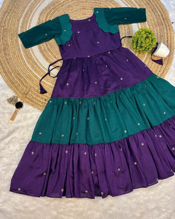 Purple and Teal Vichitra Silk Tiered Dress Vichitra silk tiered dress