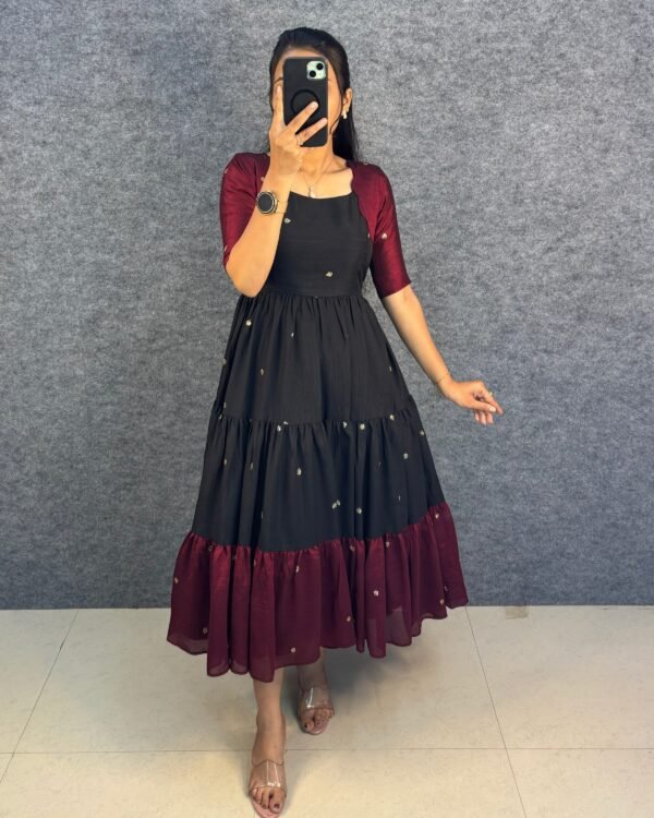 Black and Wine Vichitra Silk Tiered Dress Vichitra silk tiered dress