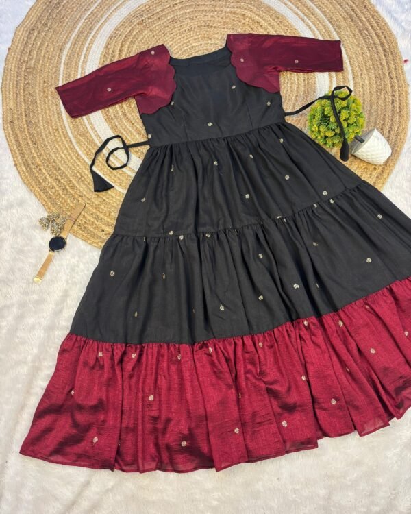Black and Wine Vichitra Silk Tiered Dress Vichitra silk tiered dress