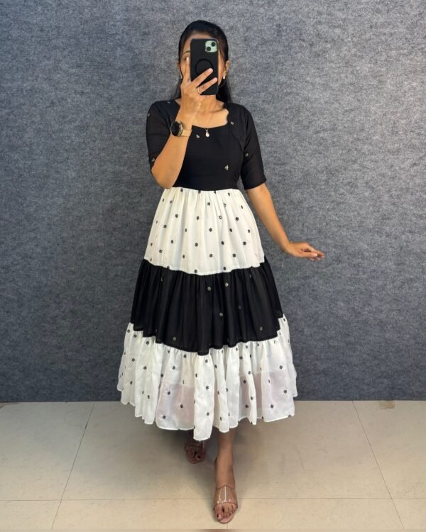 Black and White Vichitra Silk Tiered Dress Vichitra silk tiered dress