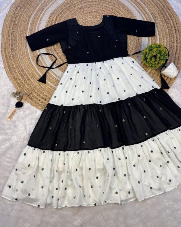 Black and White Vichitra Silk Tiered Dress Vichitra silk tiered dress