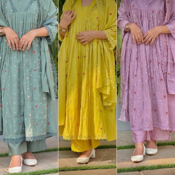 Mul Chanderi Floral Embroidered Kurta Set – 3 Colours