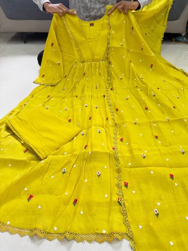 mul chanderi 3 piece set in yellow color