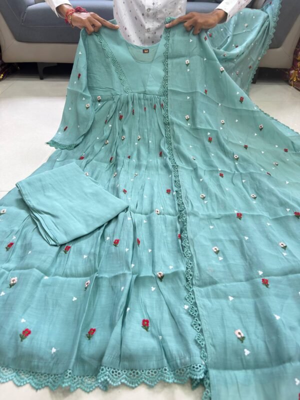 mul chanderi 3 piece set in mintblue color